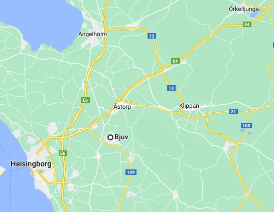 En karta som visar Bjuv och närliggande orter